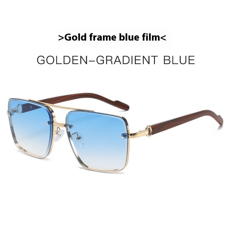 Metal Double Beam Frame Wood Grain Leg Sunglasses