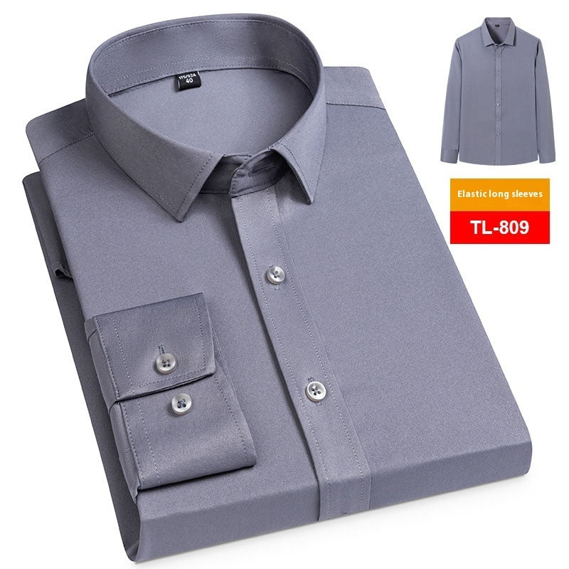 Men's Spring Long Sleeve Solid Color No Pocket Business Casual Stretch Shirt