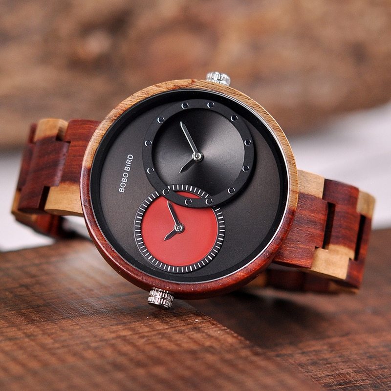 BOBO BIRD Thin Men Watch Original Wood Watches 2 Time Zone Display Quartz Wristwatch mannen clocks 