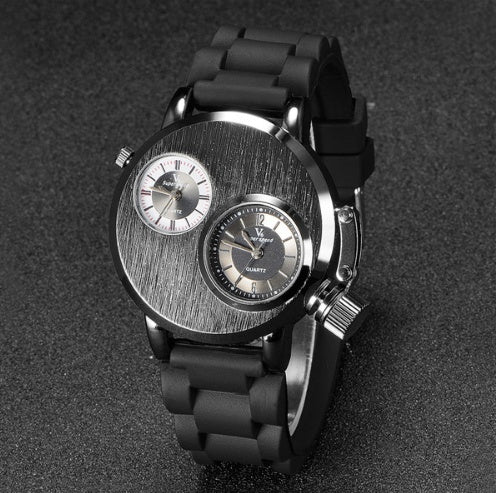 Mode Quartz Hommes Montres Gusseisen Cas Double Quartz Mouvements 2 Cadrans Sport Bande de Silicium Montre Militaire