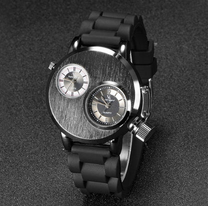 Mode Quartz Hommes Montres Gusseisen Cas Double Quartz Mouvements 2 Cadrans Sport Bande de Silicium Montre Militaire