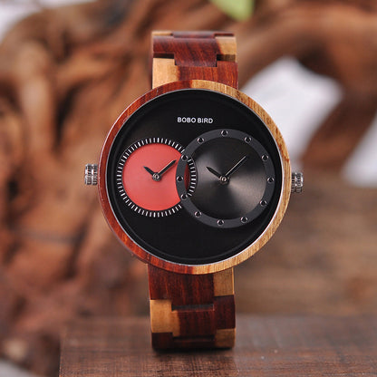 BOBO BIRD Thin Men Watch Original Wood Watches 2 Time Zone Display Quartz Wristwatch mannen clocks 