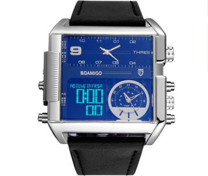 Men Sports Watches Man Military chronograph digital Watch Leather Rectangle Quartz Wristwatches 