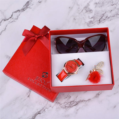 Women Watches Leather Quartz Wristwatch Sunglasses Corsage 3 Pcs Girl Christmas Gift New Year Gift Ladies Gift Box