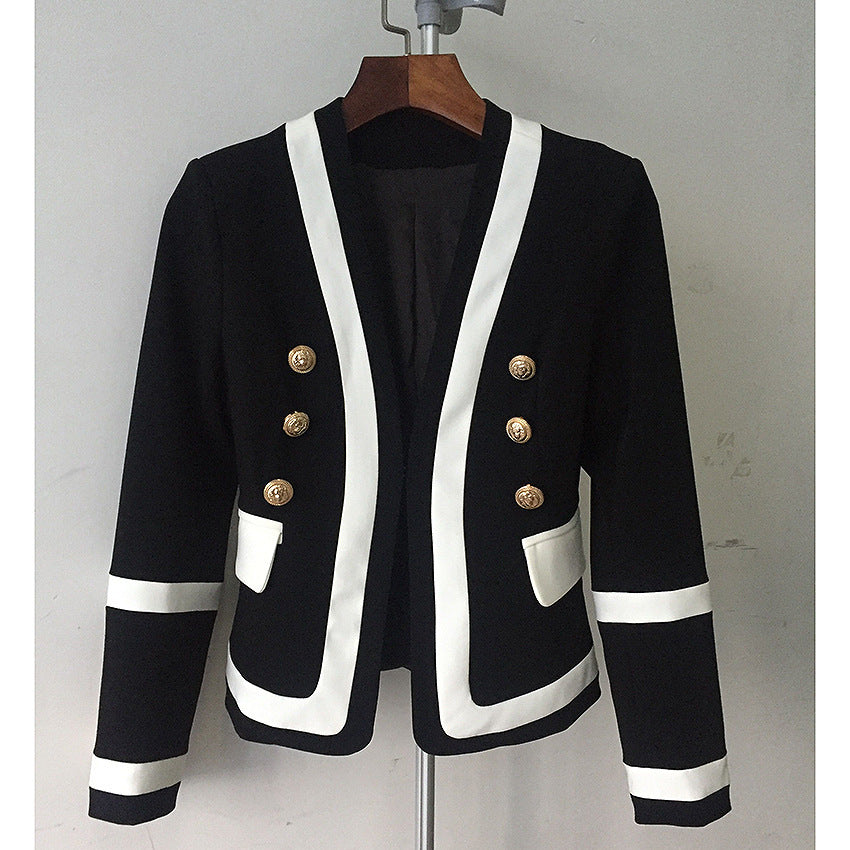 Spot European And American Fashion Handsome Jacket Metal Double-Breasted Black And White Contrast Color Slim Small Suit