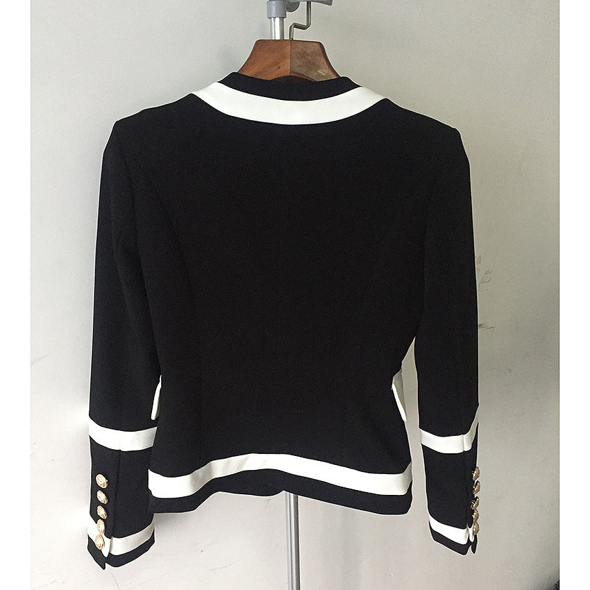 Spot European And American Fashion Handsome Jacket Metal Double-Breasted Black And White Contrast Color Slim Small Suit