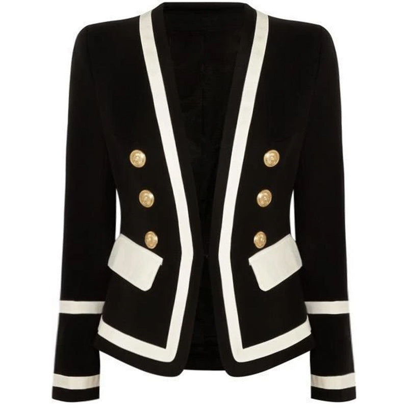 Spot European And American Fashion Handsome Jacket Metal Double-Breasted Black And White Contrast Color Slim Small Suit