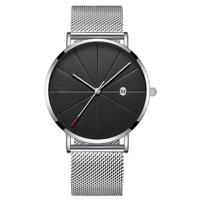 Calendar Thin Mens Watch Stainless Steel Mesh Band Quartz Wrist Watches Men Clock