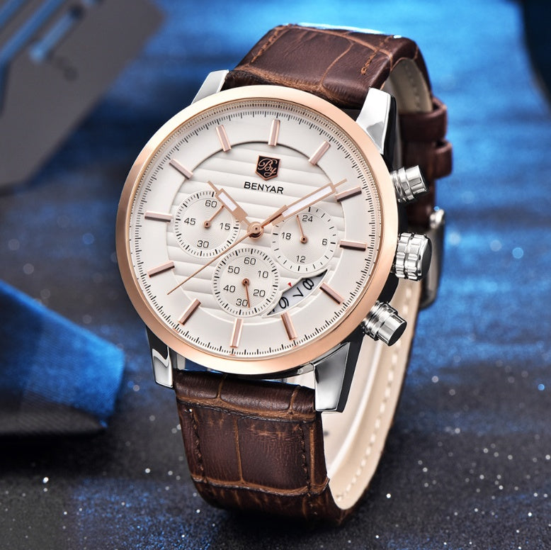 Fashion casual three-eye belt men's watch Binya Benyar BY-5104 hot sale quartz watch