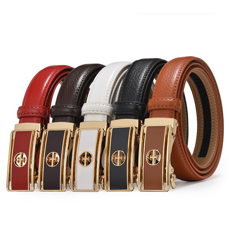 Women's Leather Automatic Buckle Decorative Thin Belt