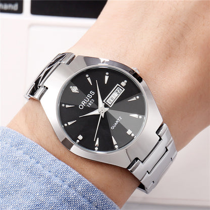 Tungsten Steel Color Waterproof Fashion Student Couple Calendar Quartz Watch