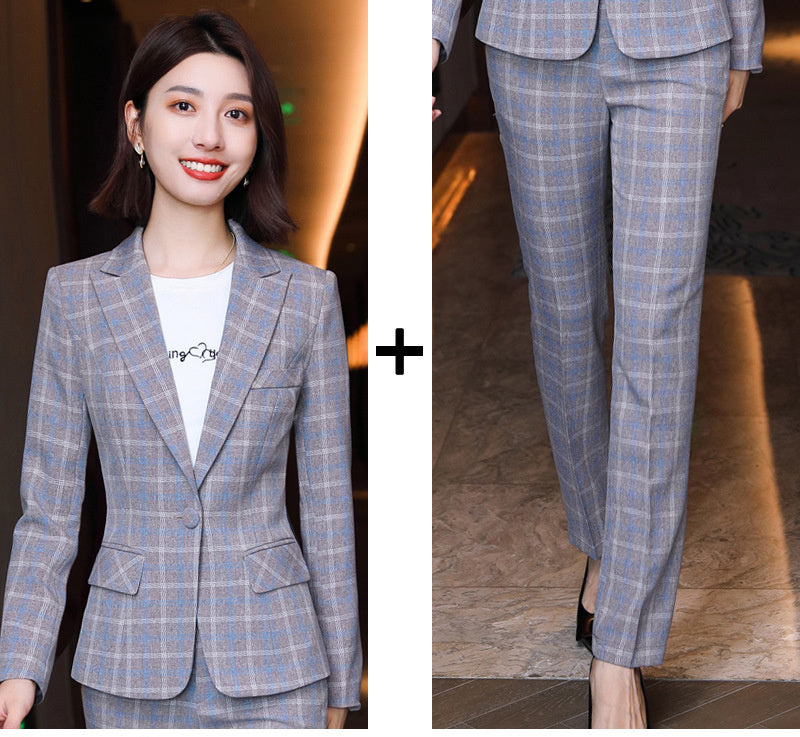 Professional Women's Long-sleeved Plaid Business Suit
