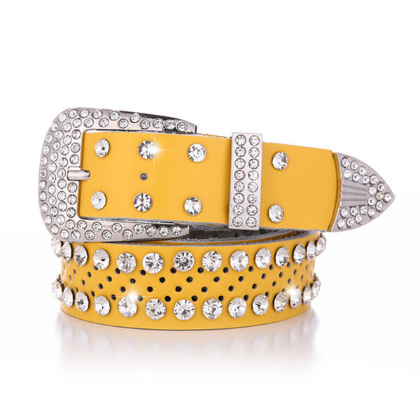 Women's Alloy Diamond Inlaid White Leather Belt