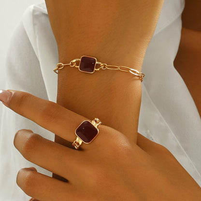 14K Gold Plated Square Agate Bracelet And  Ring Set - Luxe & Timeless Jewelry