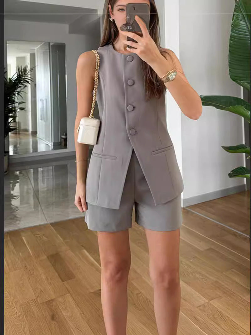 2-piece Sleeveless Round Neck Button High-waisted Trousers Business Work Suits