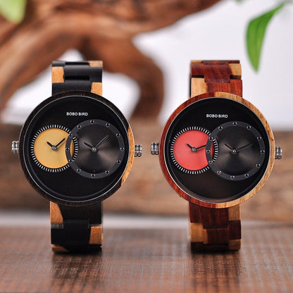 BOBO BIRD Thin Men Watch Original Wood Watches 2 Time Zone Display Quartz Wristwatch mannen clocks 