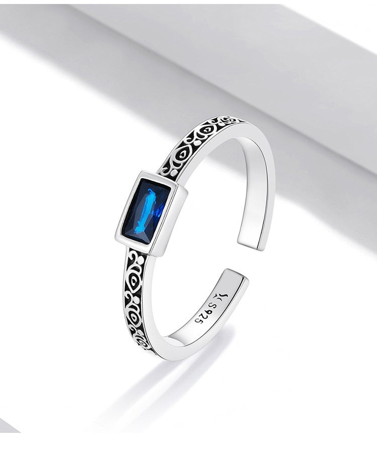 Fashion Sterling Silver Retro Pattern Square Zirconium Open Ring