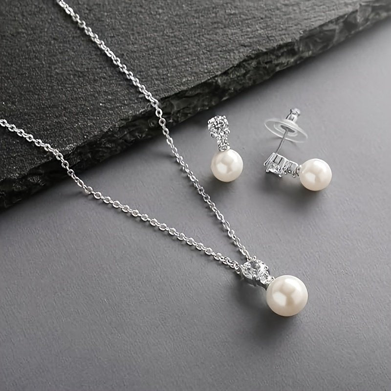 Elegant Pearl Pendant  Necklace And Earrings Set