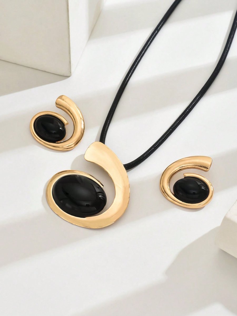 14K Gold Plated Black Onyx Swirl Choker Necklace And Earrings Set