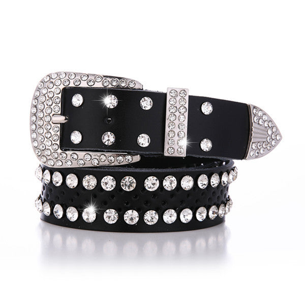 Women's Alloy Diamond Inlaid White Leather Belt
