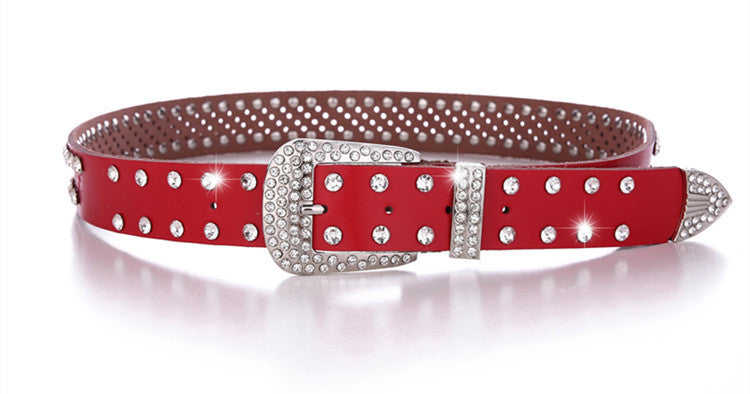 Women's Alloy Diamond Inlaid White Leather Belt