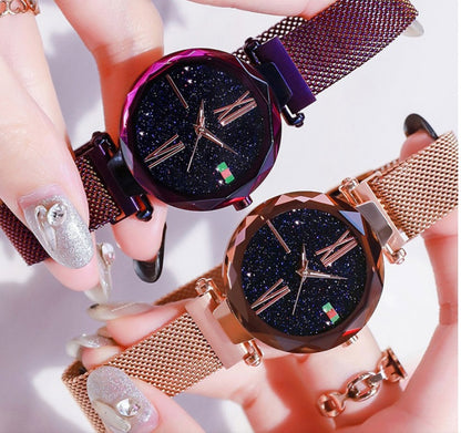 Luxury Women Watches Mesh Ladies Clock Magnet Buckle Starry Diamond Geometric Surface Quartz Wristwatch