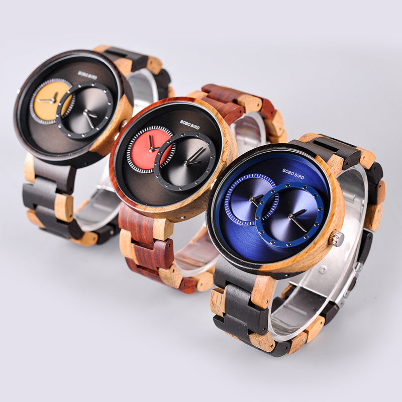 BOBO BIRD Thin Men Watch Original Wood Watches 2 Time Zone Display Quartz Wristwatch mannen clocks 