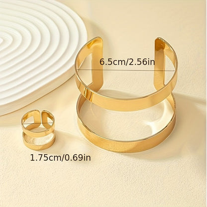 14K Gold Plated Cuff Bangle And  Ring Set - Minimalist Style