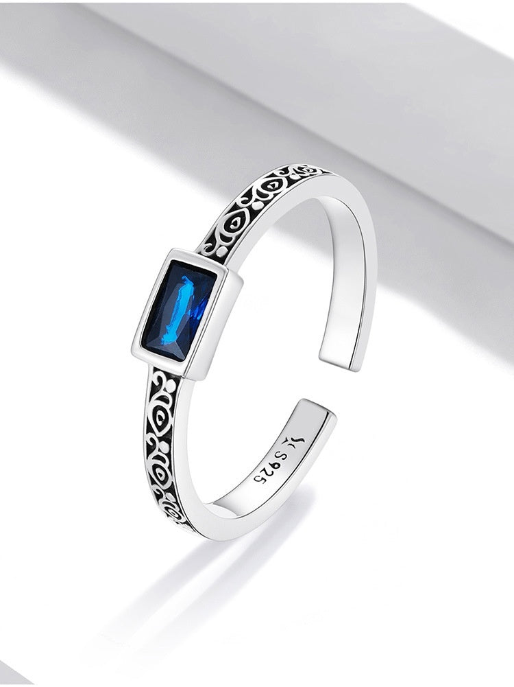 Fashion Sterling Silver Retro Pattern Square Zirconium Open Ring