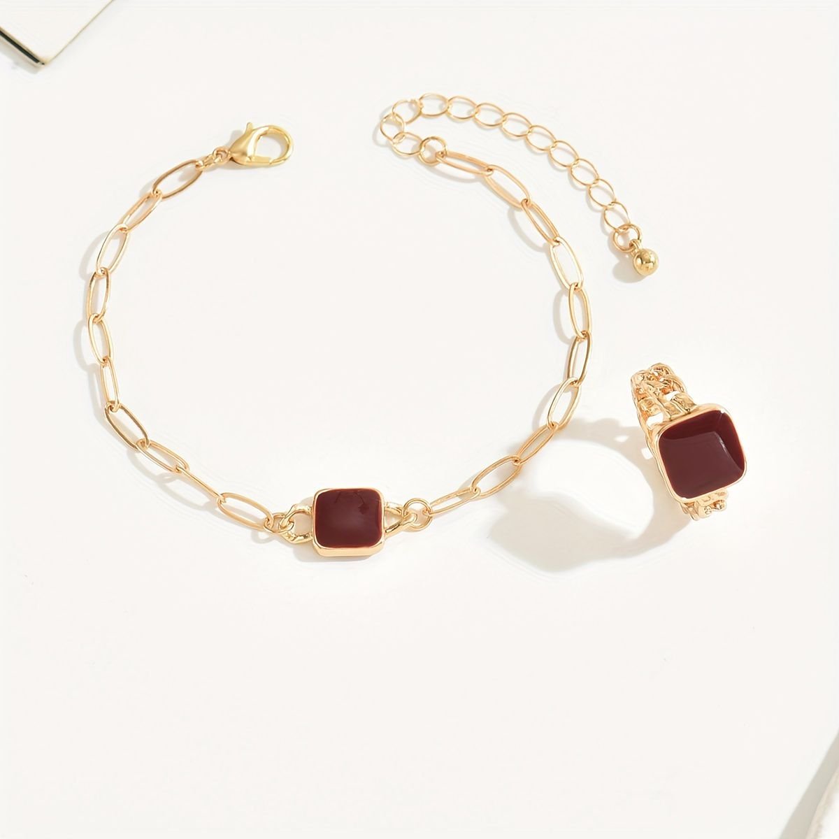 14K Gold Plated Square Agate Bracelet And  Ring Set - Luxe & Timeless Jewelry