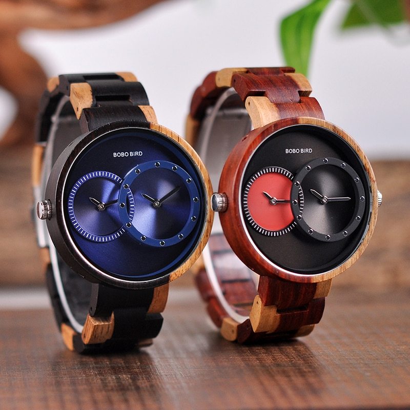 BOBO BIRD Thin Men Watch Original Wood Watches 2 Time Zone Display Quartz Wristwatch mannen clocks 