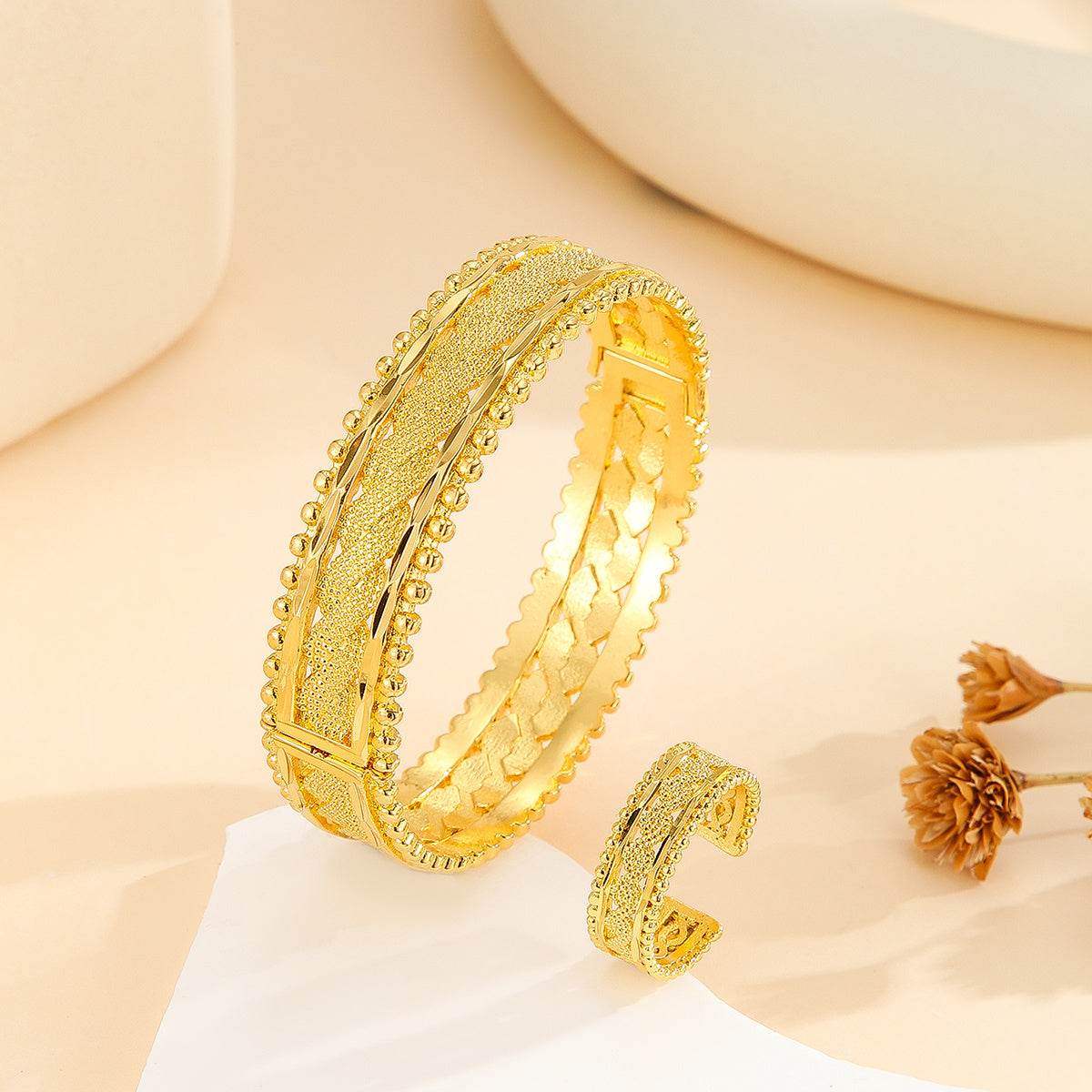 2pcs Vintage Gold Plated Bracelet, Open Bracelet Ring Jewelry, Women's Festival Wedding Jewelry Set