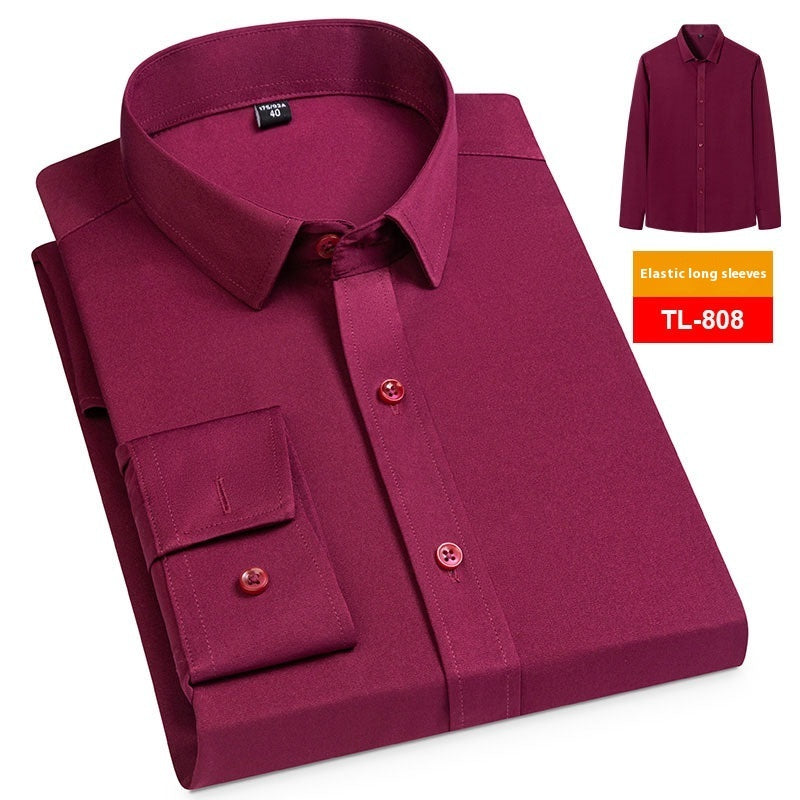 Men's Spring Long Sleeve Solid Color No Pocket Business Casual Stretch Shirt