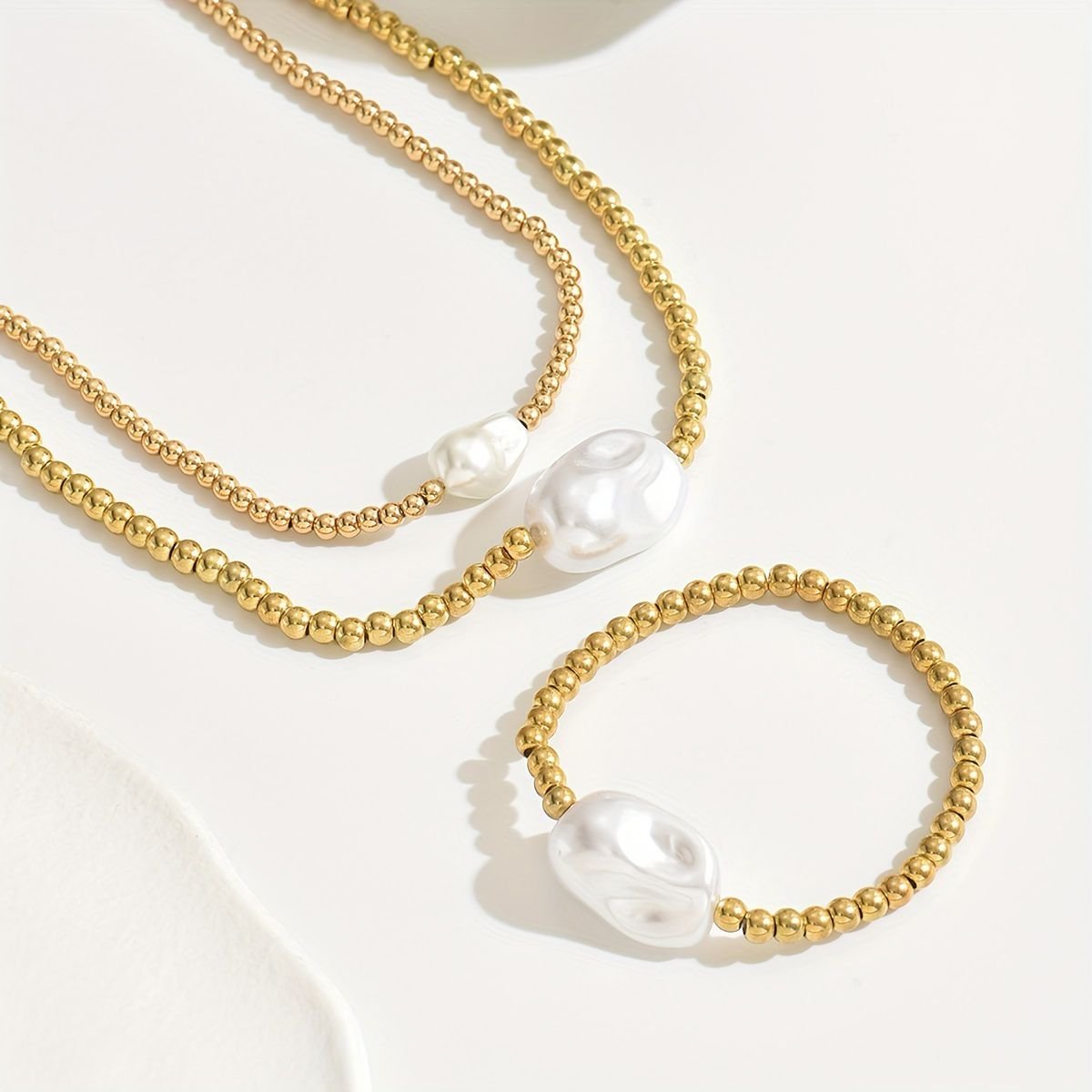 14K Golden Beaded Pearl  Necklace And Bracelet Set