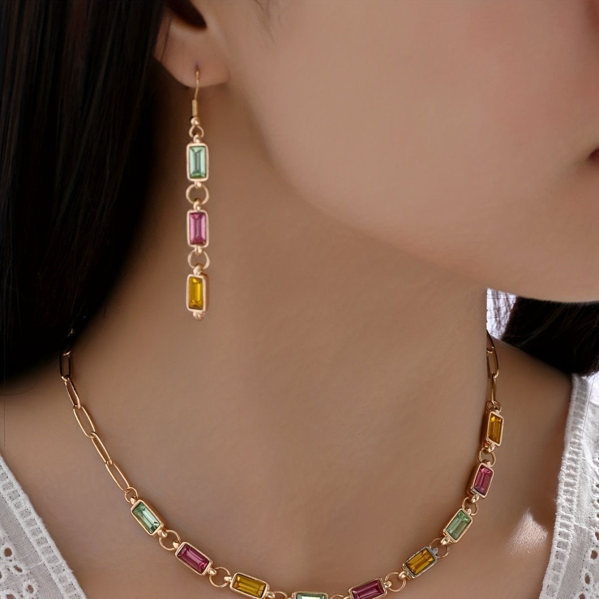 Colorful Crystal Statement  Necklace And Earrings Set