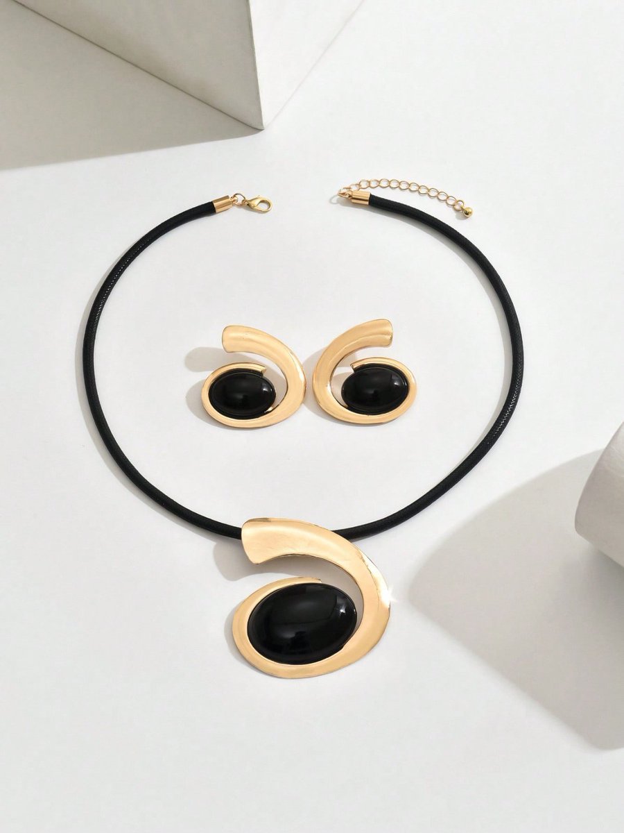 14K Gold Plated Black Onyx Swirl Choker Necklace And Earrings Set