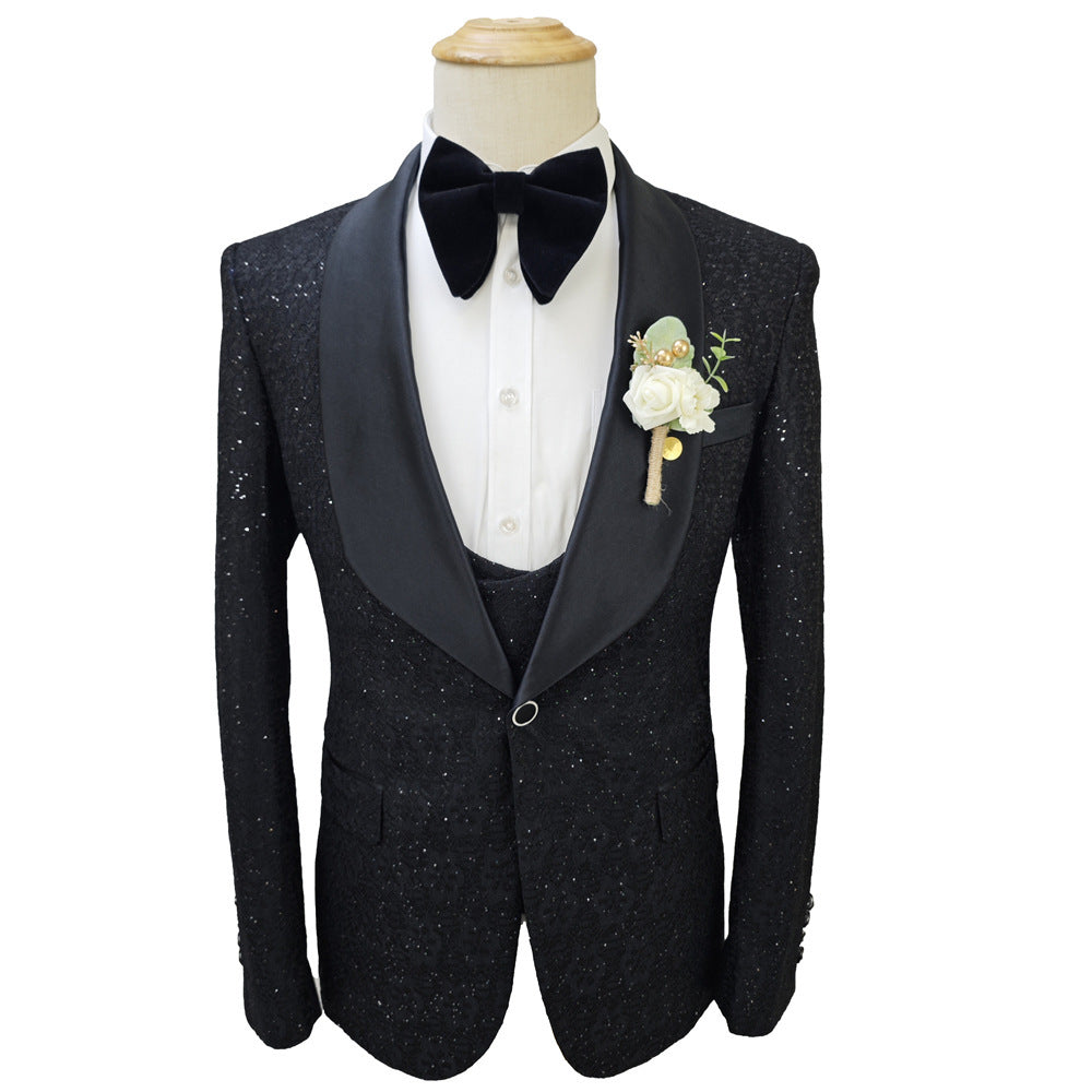Shiny Black Men's Suit Set 3 Pieces Groomsmen Wedding Lace Costumes
