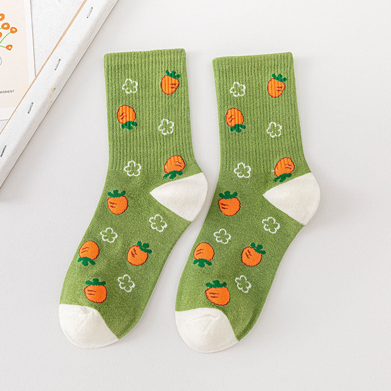 Cartoon Rabbit Carrot Green Women Socks