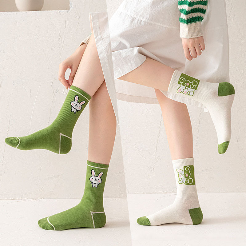 Cartoon Rabbit Carrot Green Women Socks