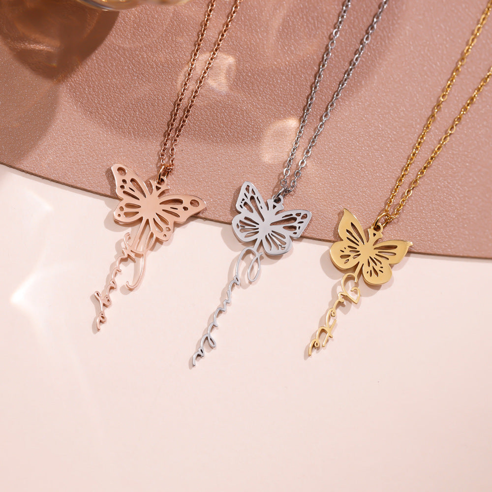 December Birthday Butterfly Name Necklace Titanium Steel Non Fading Collarbone Chain