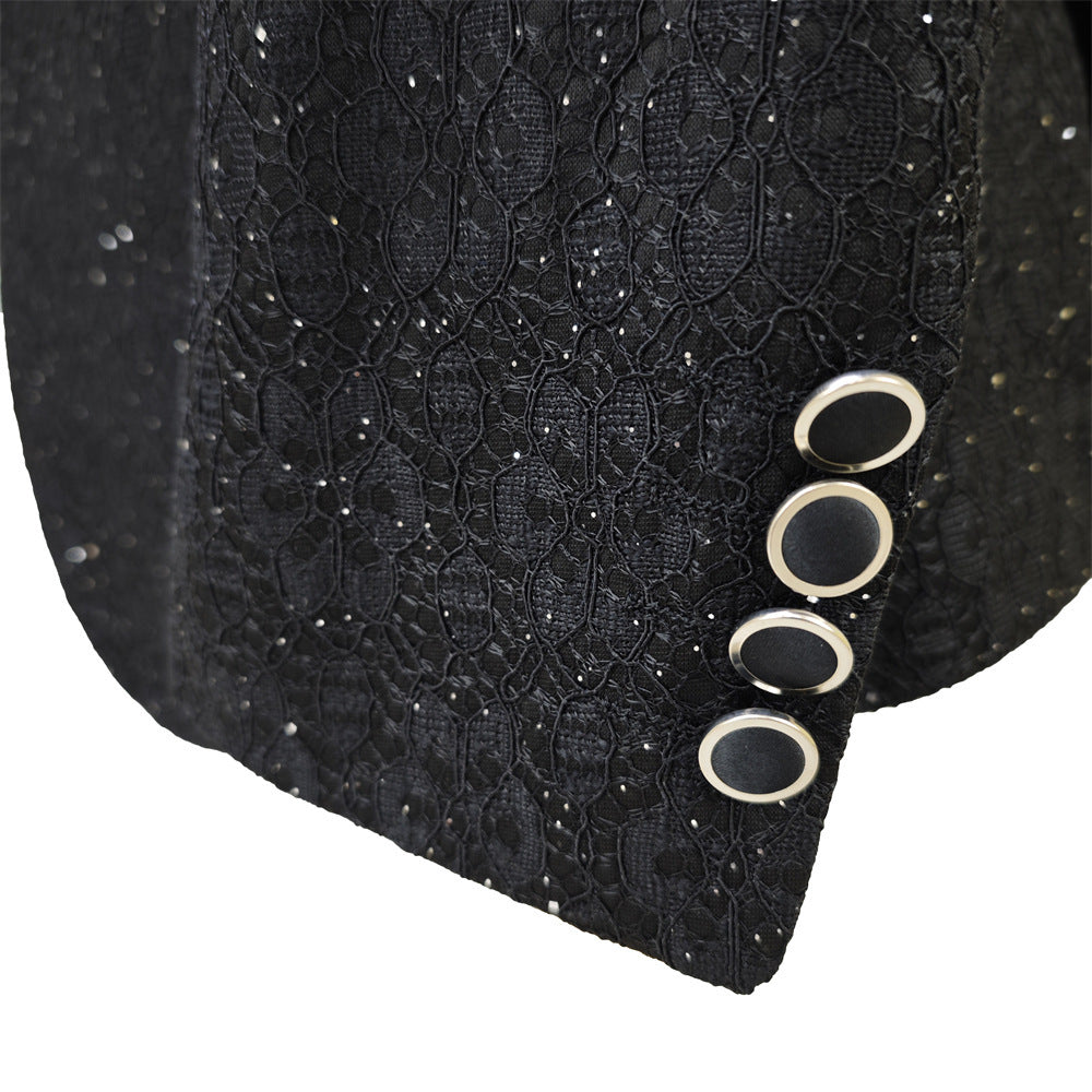 Shiny Black Men's Suit Set 3 Pieces Groomsmen Wedding Lace Costumes