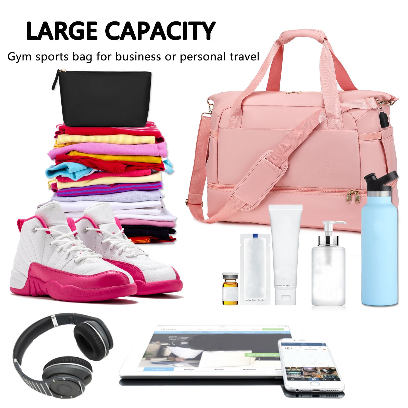 Gym Bag For Women,Travel Duffel Bag With USB Charging Port,Weekender Bag With Wet Pocket
