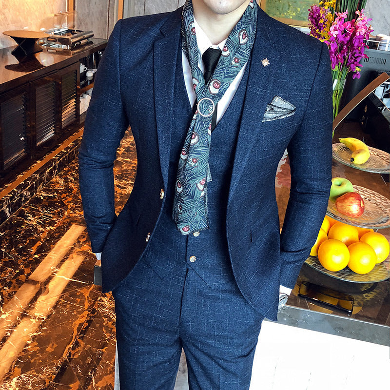 Slim-fit Three-piece Suit With Dark Pattern Business Casual
