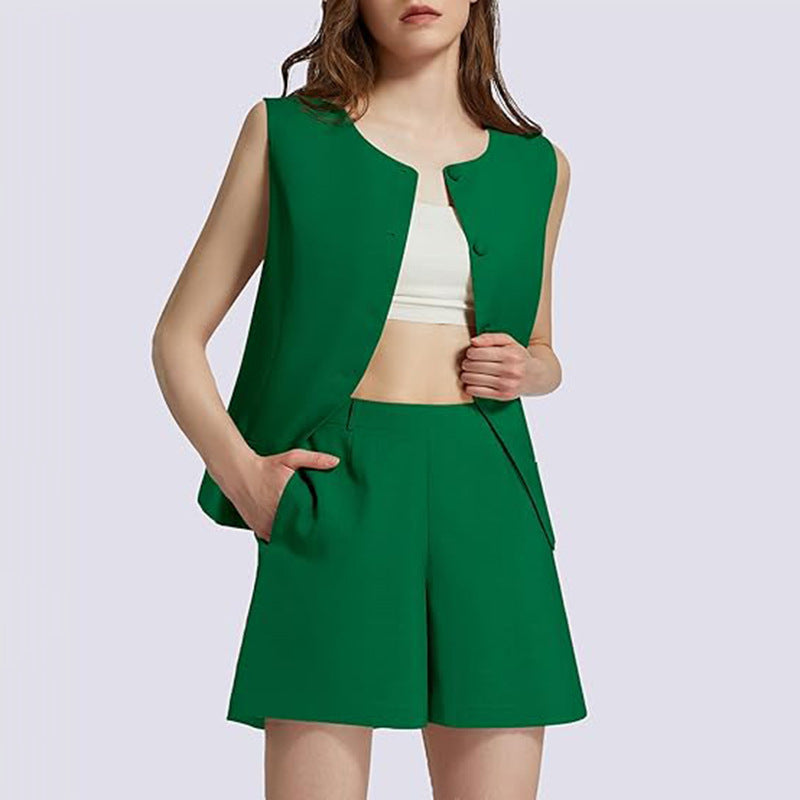 2-piece Sleeveless Round Neck Button High-waisted Trousers Business Work Suits