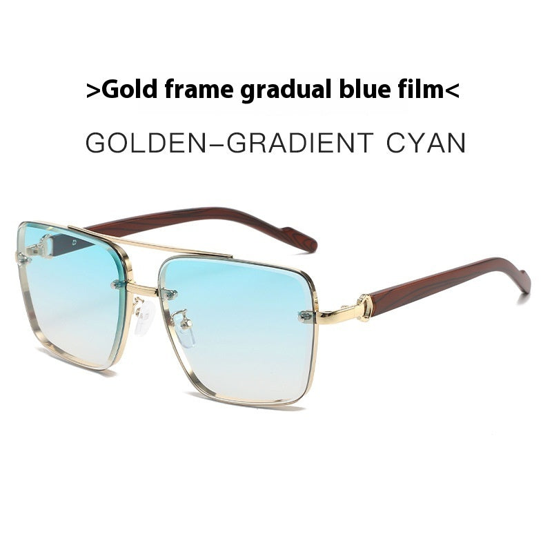 Metal Double Beam Frame Wood Grain Leg Sunglasses