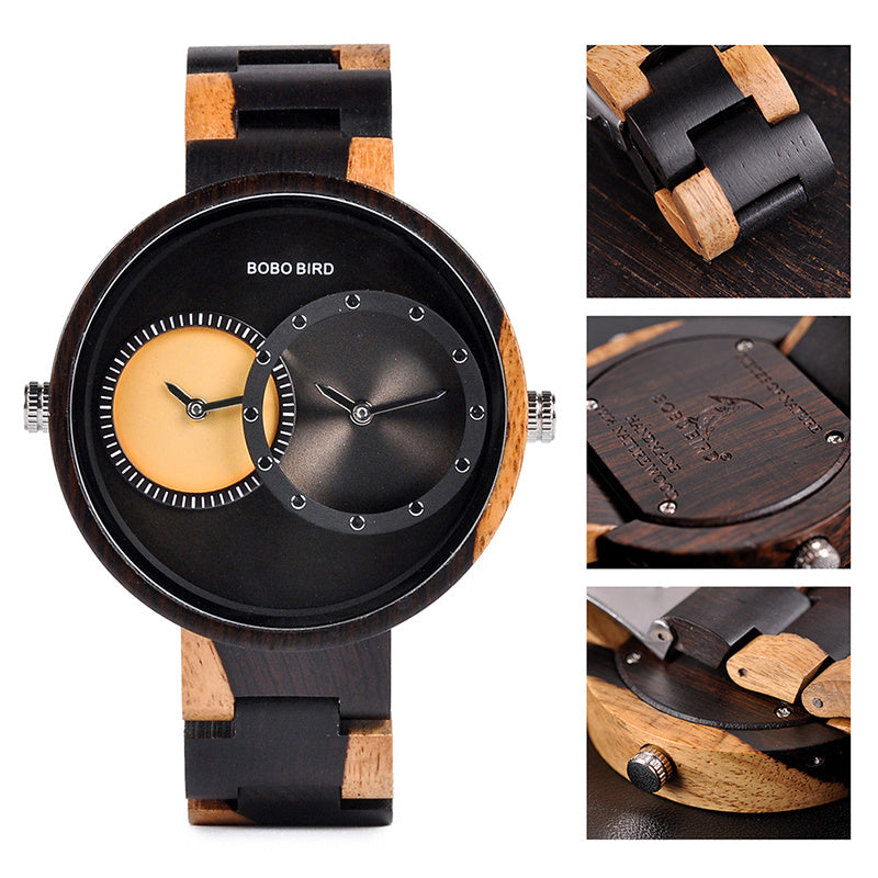 BOBO BIRD Thin Men Watch Original Wood Watches 2 Time Zone Display Quartz Wristwatch mannen clocks 