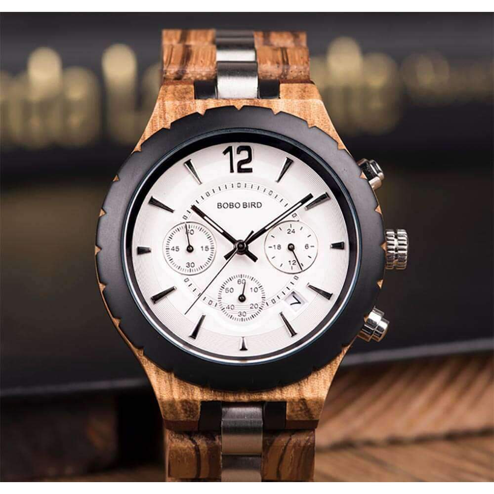 New Japan imported movement men's steel watch casual business quartz wooden watch timing men's watch