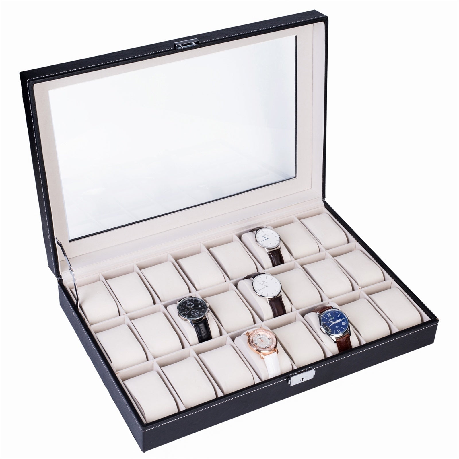 24 Slot Elegant Portable Watch Collection Box Case Organizer for Storage Display Holds Watches Jewelry for Men Women