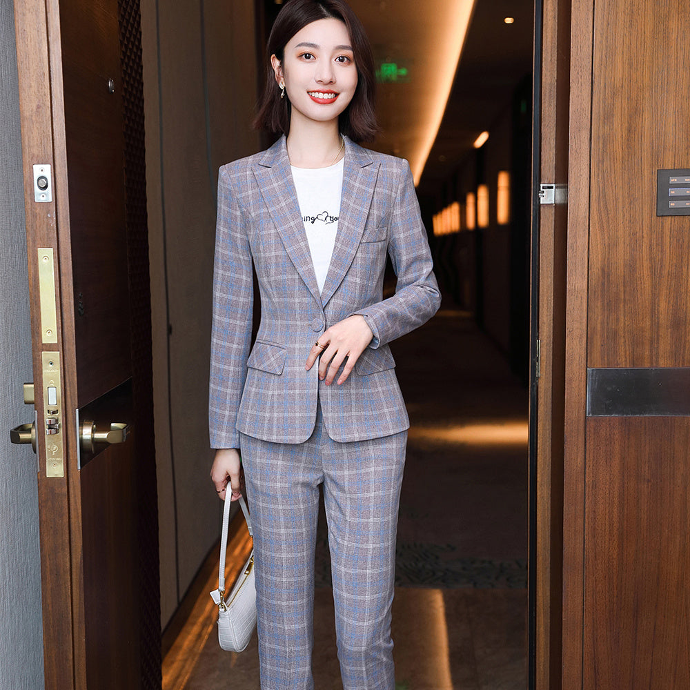 Professional Women's Long-sleeved Plaid Business Suit