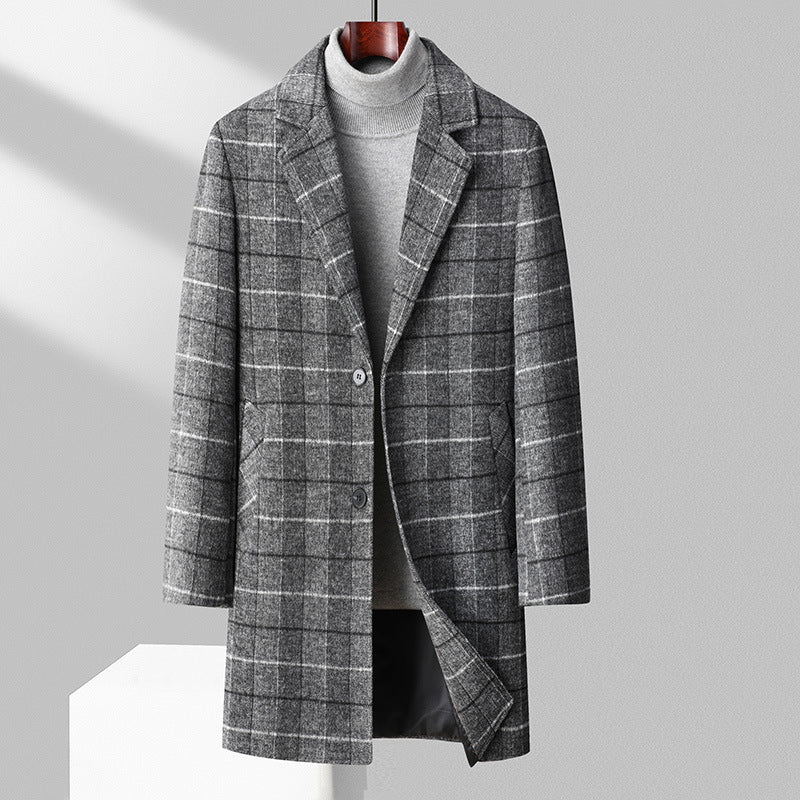 Autumn And Winter Woolen Coat Men's Mid-length Business Casual Plaid Cotton And Thickening Woolen Coat